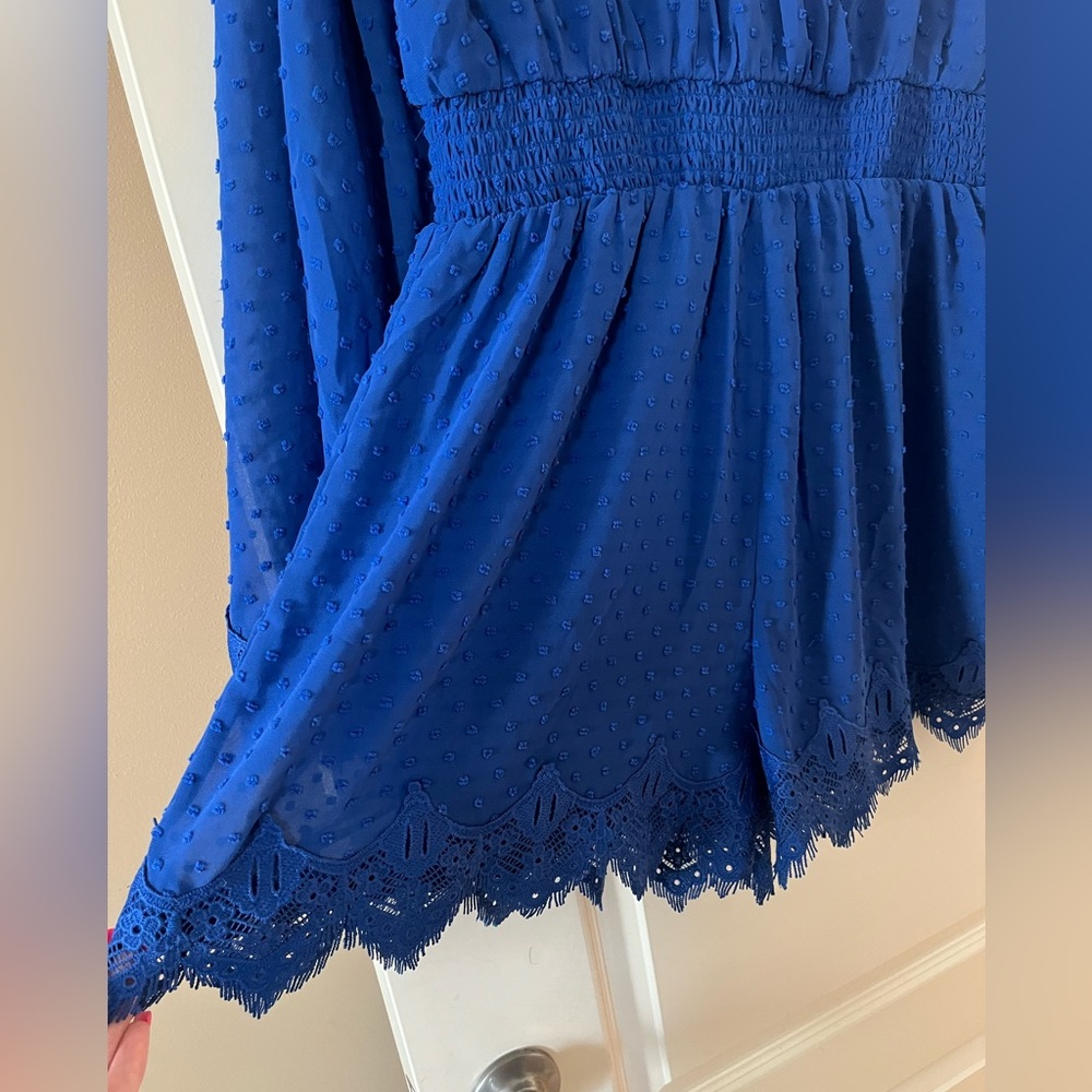 Lulu's Royal Blue Lace V-Neck Romper Cinched Waist Women’s Size Large - Picture 5 of 16